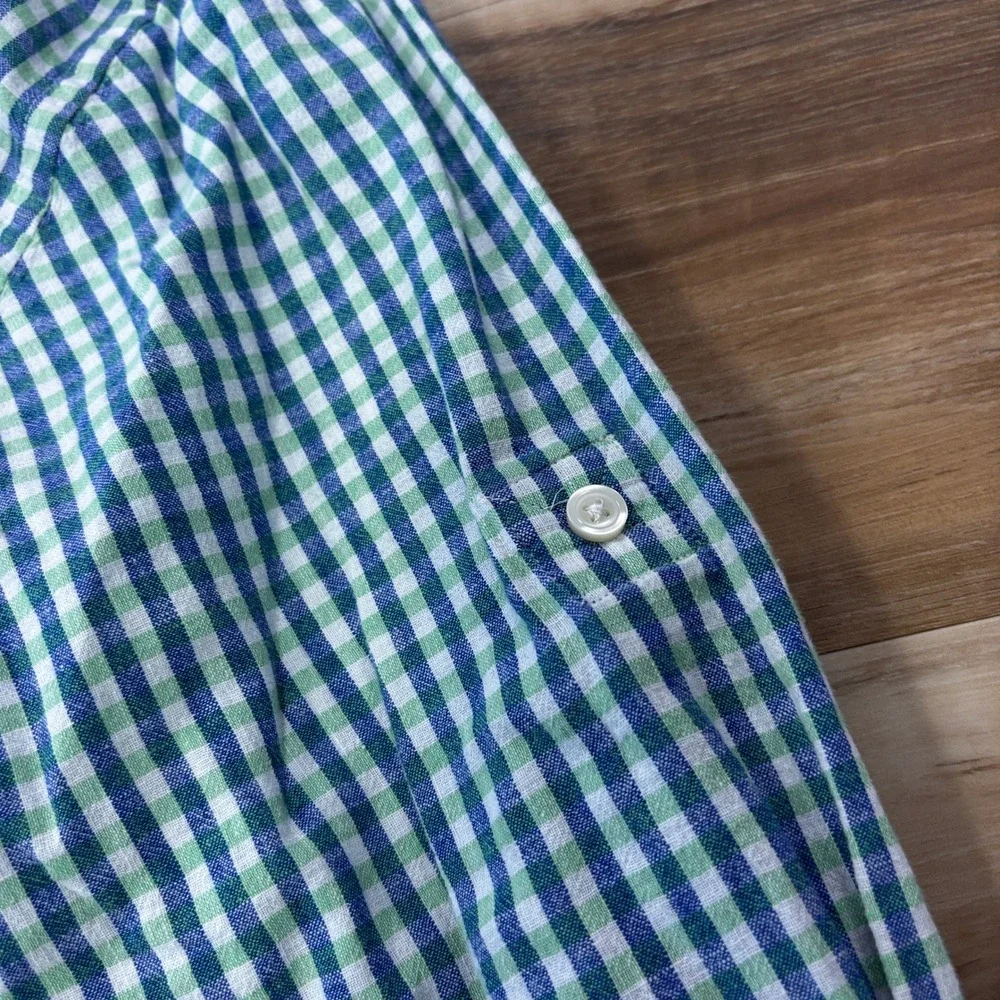 Banana Republic Button Up Shirt Large Gingham Linen Cotton Casual Green Blue